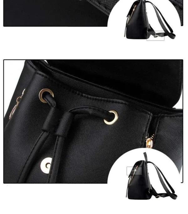 Drawstring Leather Fashion Backpack For Girls - Black - Image 11