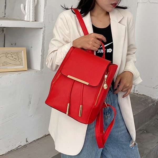 Drawstring Leather Fashion Backpack For Girls - Red - Image 4