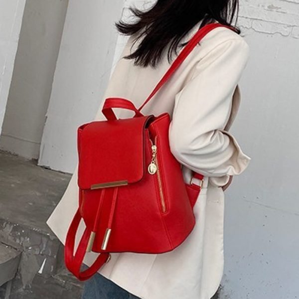 Drawstring Leather Fashion Backpack For Girls - Red - Image 3