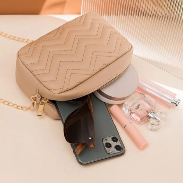 Mini Quilted Embossed Zip Chain Bag - Brown - Image 3