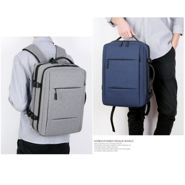 grey and blue expandable backpack